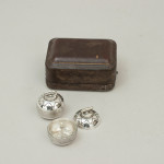 Antique Pair Of Curling Salt And Pepper Pots Curling Stones in Silver Plate in Leather Case