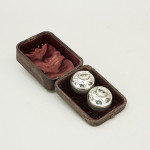 Antique Pair Of Curling Salt And Pepper Pots Curling Stones in Silver Plate in Leather Case