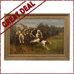 Oil On Canvas Of Hounds Jumping A Fence