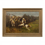 Oil On Canvas Of Hounds Jumping A Fence
