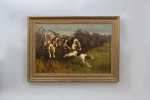 Oil On Canvas Of Hounds Jumping A Fence