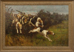 Oil On Canvas Of Hounds Jumping A Fence