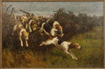 Oil On Canvas Of Hounds Jumping A Fence