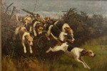 Oil On Canvas Of Hounds Jumping A Fence
