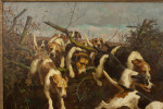 Oil On Canvas Of Hounds Jumping A Fence