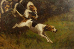Oil On Canvas Of Hounds Jumping A Fence