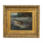 Antique Fishing Oil Painting Of A Fish On The Hook