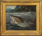 Antique Fishing Oil Painting Of A Fish On The Hook