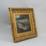 Antique Fishing Oil Painting Of A Fish On The Hook