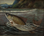 Antique Fishing Oil Painting Of A Fish On The Hook