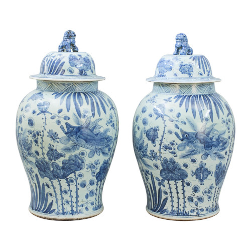 Pair Of Blue And White Baluster Temple Jars