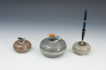 Set Of Three Curling Stone Desk Pieces, Paper Weight, Pen Holder