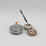 Set Of Three Curling Stone Desk Pieces, Paper Weight, Pen Holder