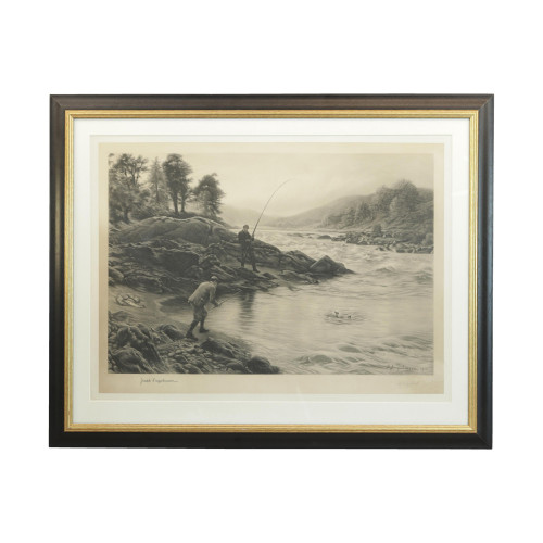 Antique Salmon Fishing Engraving, Salmon Fishing On The Dee By Joseph Farquharson