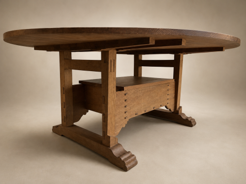 Large oval English Oak arts and crafts table with a set of 12 arts and crafts chairs