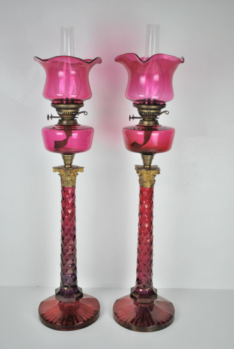 Very large pair of country house ruby cranberry glass oil lamps
