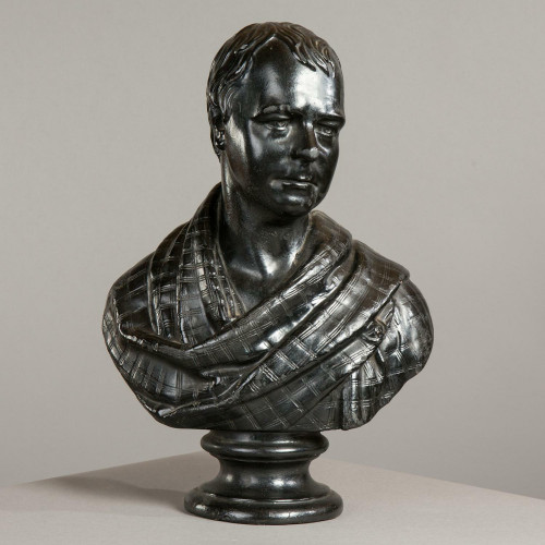 19th century black painted plaster portrait bust of Sir Walter Scott by Domnico Curdosi London
