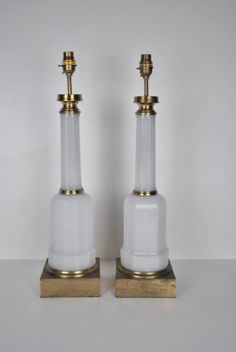 Pair of white opaline glass table lamps, 20th century