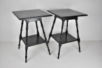 Pair of aesthetic movement ebonised walnut occasional tables in the manner of E.W. Godwin