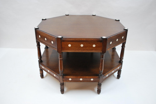 Octagonal oak two-tier table with resin inlay and concealed drawer