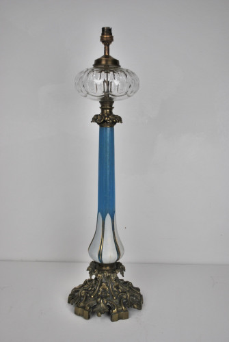 A Victorian gilt brass mounted blue opaline glass table lamp