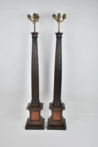 Pair of wooden column lamps
