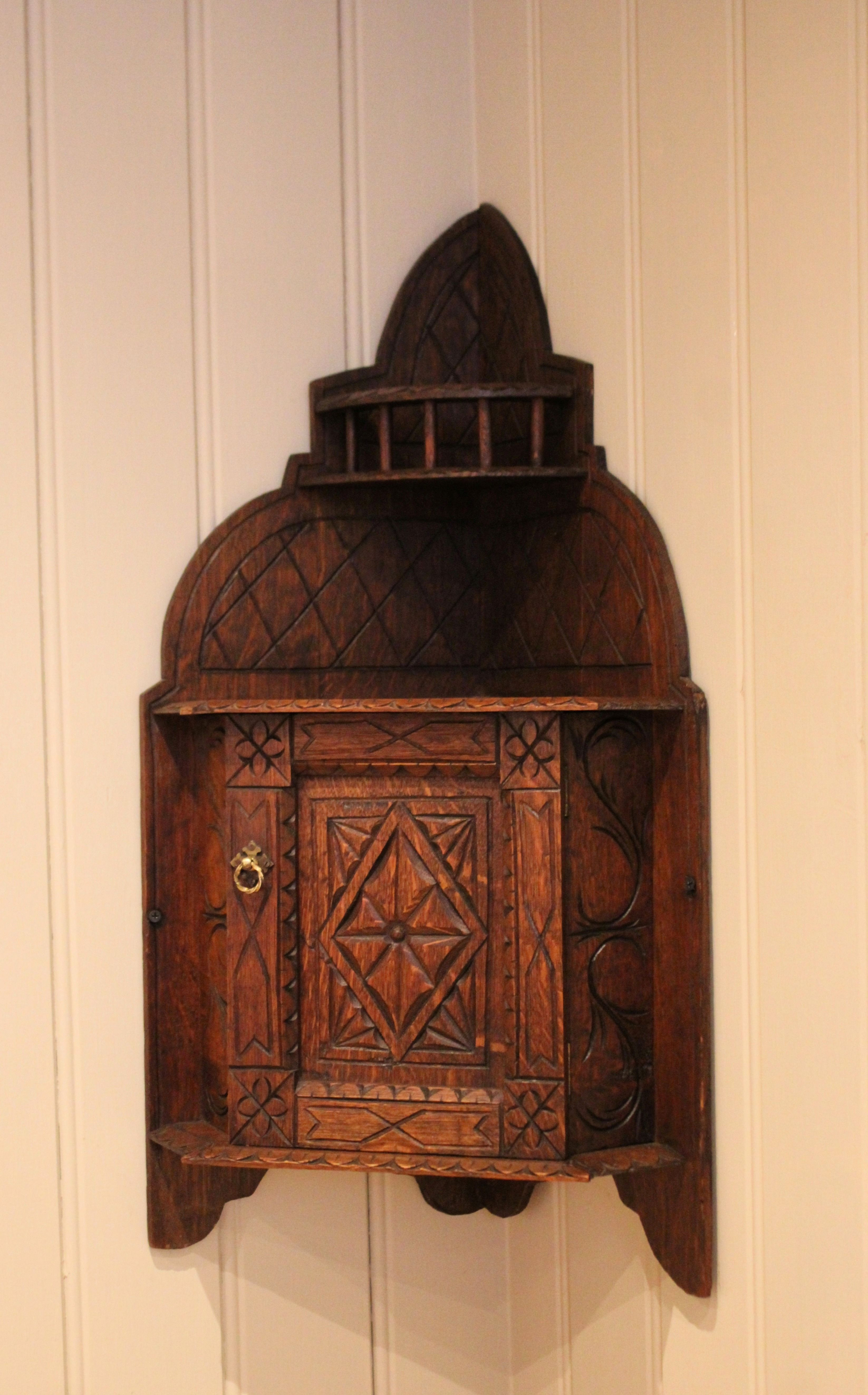 Carved Oak Corner Wall Cabinet