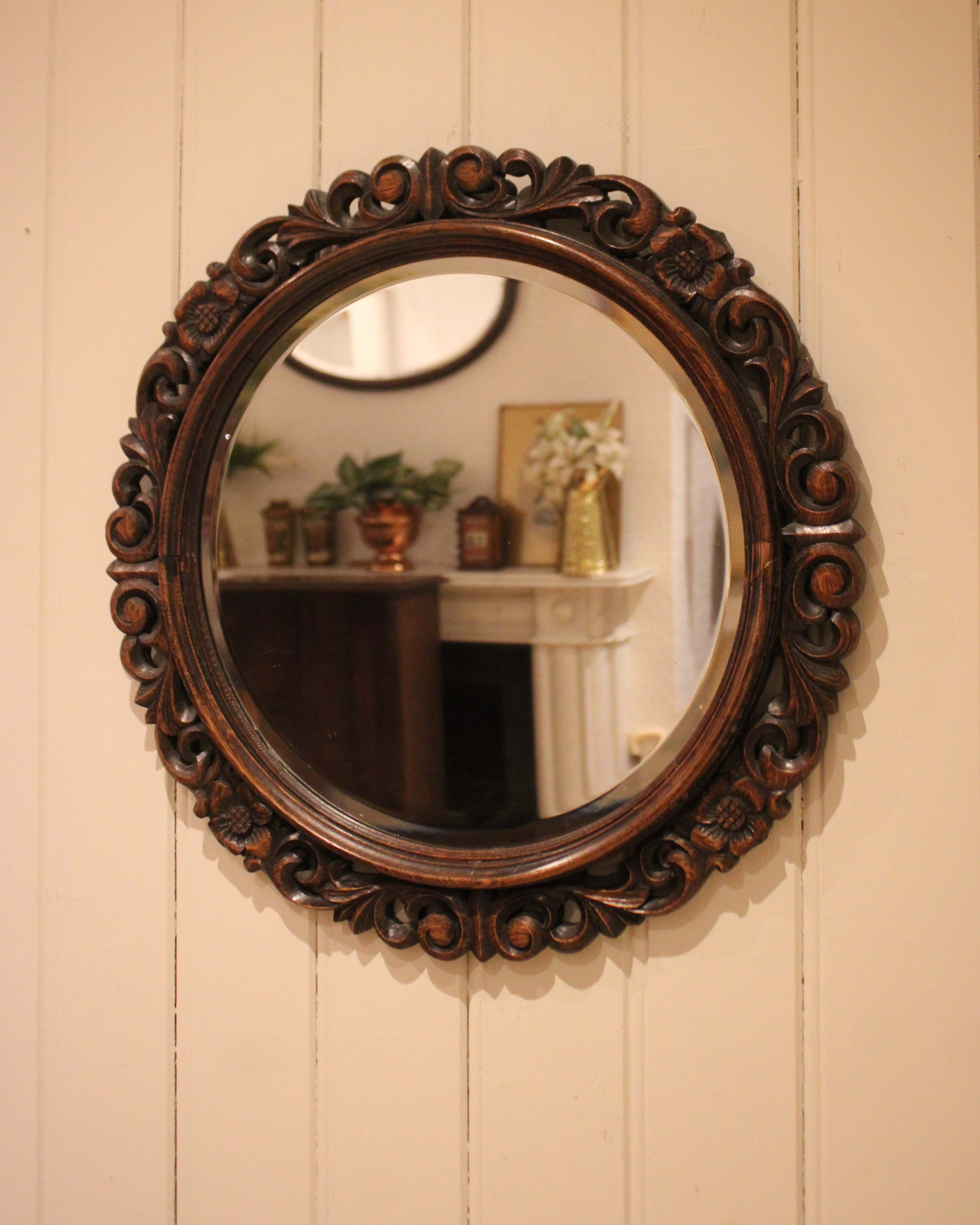 Late 19th Century Carved Oak Circular Wall Mirror