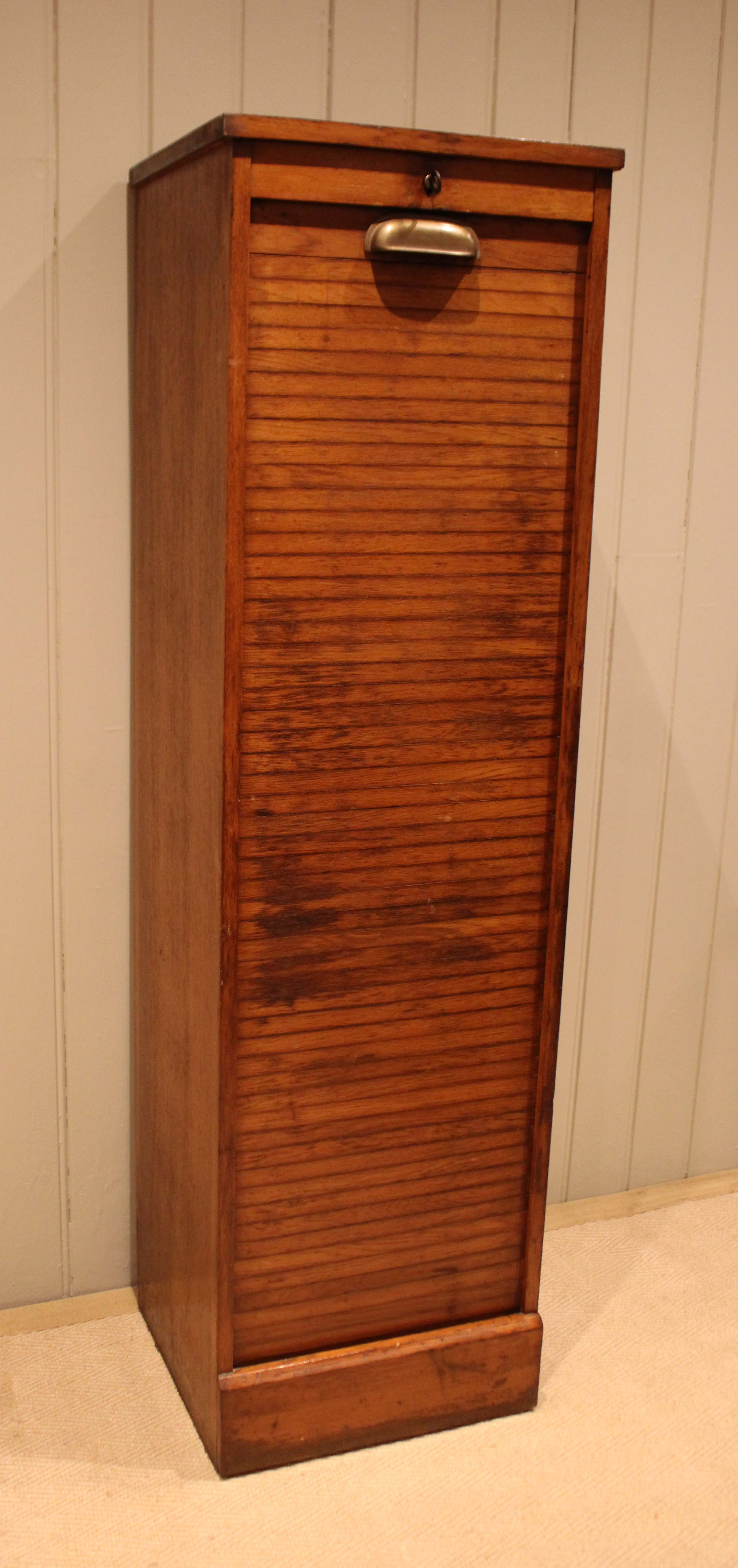 Single French Oak Tambour Front Filing Cabinet