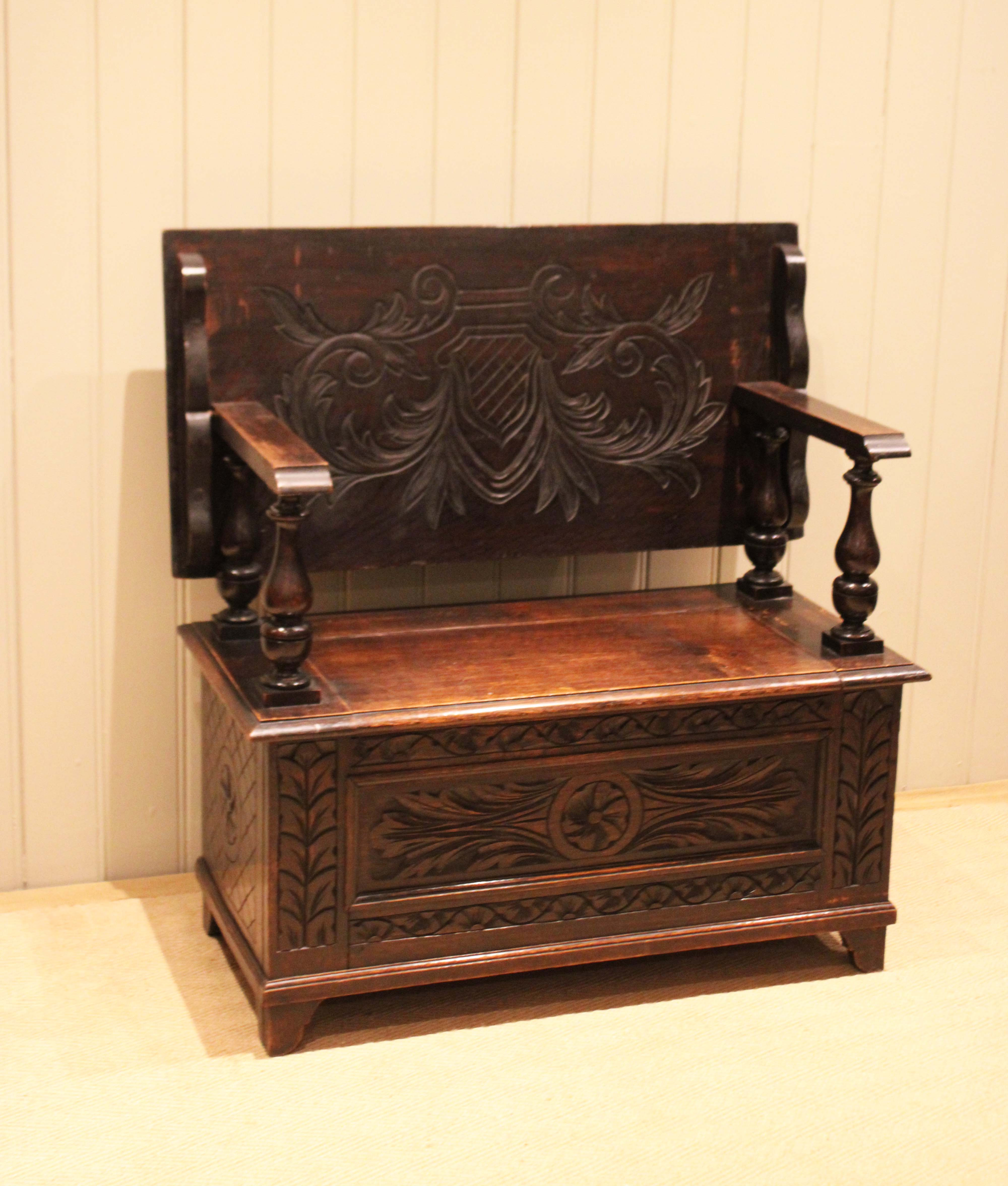 Carved Oak Monks Bench